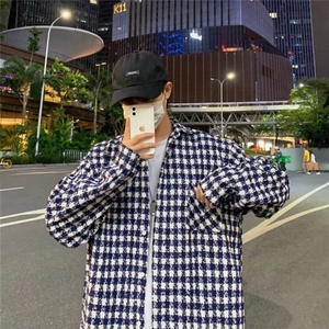 小香风千鸟格长袖衬衫外套男春秋季炸街男工装夹克痞帅上衣 J408图片