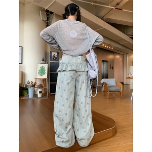 美式条纹满印工装裤女秋季休闲褶皱阔腿裤可拆卸屁帘LB30933-P50图片