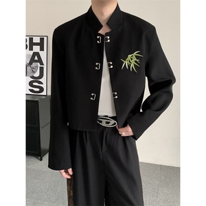 秋季新中式发型师大码男装竹叶刺绣短款西装外套上衣男女休闲西服图片