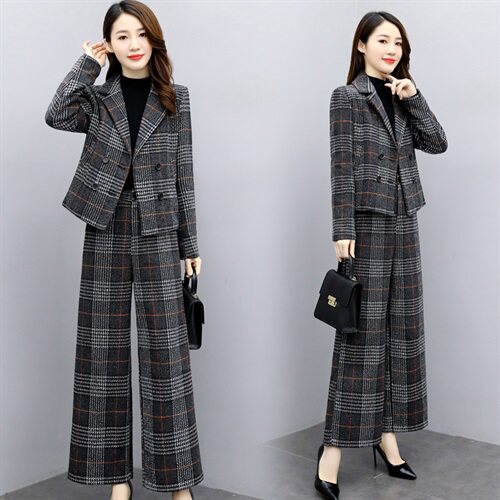 2024新款女装冬两件套裤大码格子毛呢外套阔腿裤休闲时尚套装女潮，女装套装/套裙，香莘料
