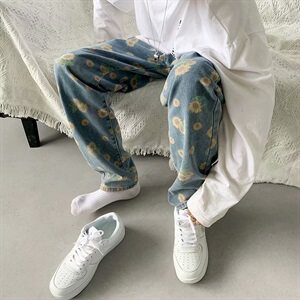 小雏菊牛仔裤男潮流韩版百搭秋季男潮牌ins宽松9分直筒坠感阔腿裤图片