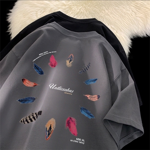 抖音得物供货210克现货宽松纯棉美式潮牌印花落肩袖纯棉T恤AT2118图片