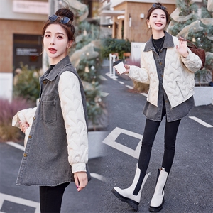 2023年冬款休闲长袖拼接牛仔衬衫真两件套羽绒服女图片