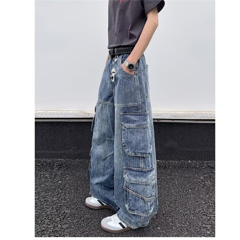 美式复古多口袋工装牛仔裤女夏季高街设计感直筒宽松显瘦阔腿裤子,男装牛仔裤,星座601-1