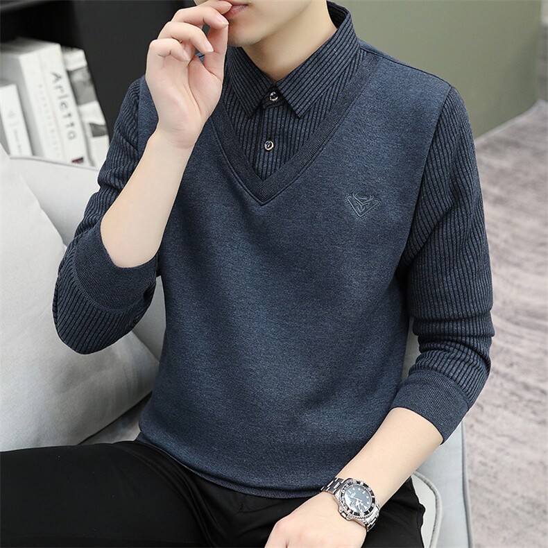 秋冬季男士假两件针织百搭衬衫领外套男毛衣内搭T恤9011加绒-P27，男装T恤，星座1706