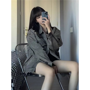 2025美式高街设计感水洗破洞牛仔外套女春季做旧工装潮牌vibe夹克图片