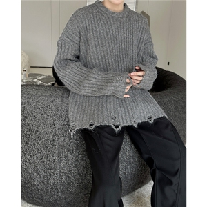 B426P50秋冬季破洞短款套头厚毛衣男女同款高级感潮牌宽松图片