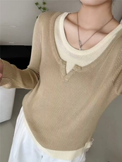 显瘦时尚百搭抽条圆领拼色假两件打底衫女款，女装蕾丝衫/雪纺衫，百纯羊绒