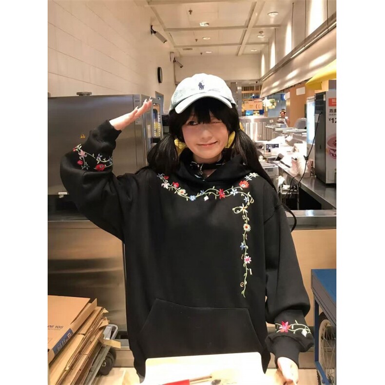 加绒款花卉刺绣连帽卫衣男女2025秋冬宽松上衣外套潮WYR1503,女装短外套,星座516A