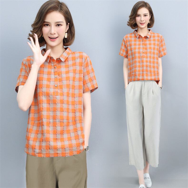 短袖衬衫女2021年新款POLO领中年妈妈50岁新疆棉宽松洋气格子上衣，女装套装/套裙，璐依舞