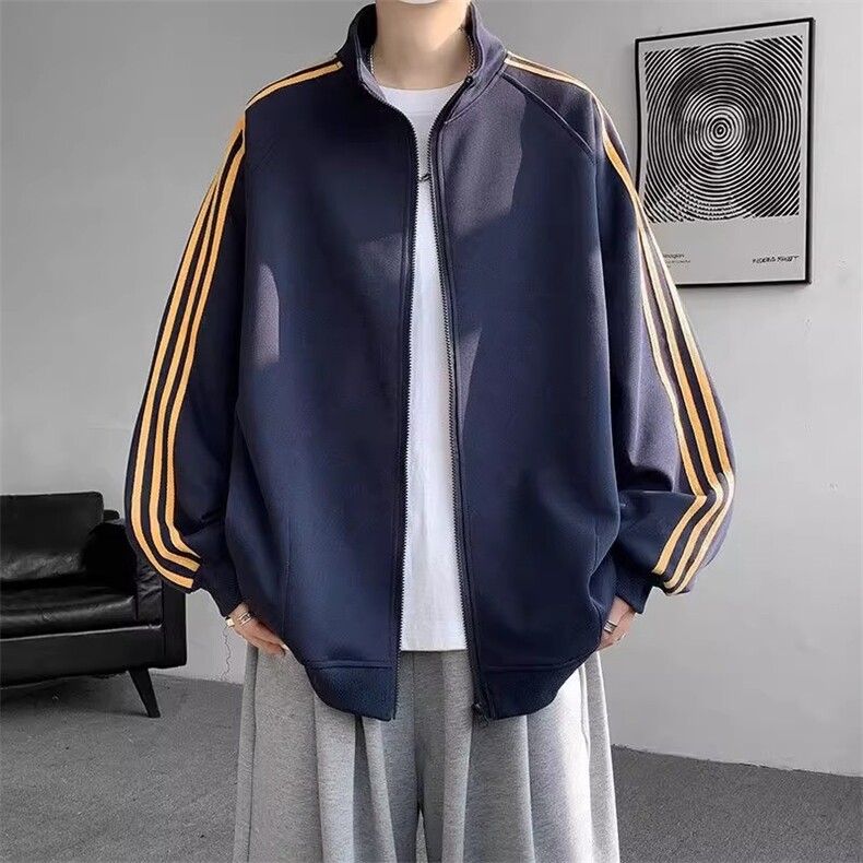 藏青色条纹开衫卫衣情侣ootd穿搭美式潮牌复古休闲立领拉链夹克秋,男装夹克,星座1013-1