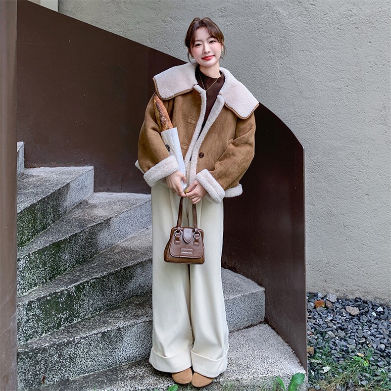 咖色羊羔毛宽松学院风皮毛一体外套韩系减龄棉服6086P195K288,女装棉衣/棉服,维壹