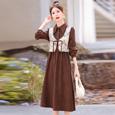 新中式连衣裙2025春秋气质小香风高级感假两件碎花马甲长袖衬衫裙，女装连衣裙，意芙