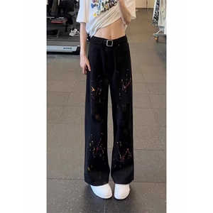 白色泼墨破洞牛仔裤男女夏季薄款直筒阔腿裤美式高街潮牌微喇叭裤图片