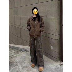 春秋新款美式复古做旧棕色麂皮衣夹克男女潮牌短外套情侣机车服，男装皮衣，星座1210-1