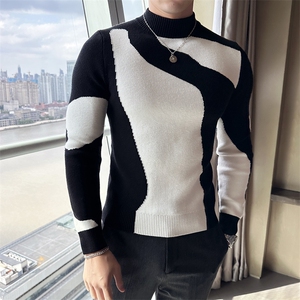 2024秋冬新款英伦修身拼色半高领长袖毛衣针织打底衫男M49-p68图片
