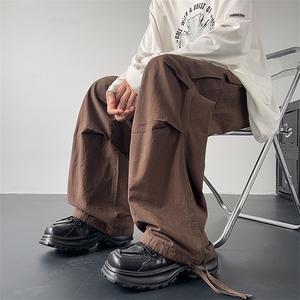 美式复古褶皱纯色多口袋工装裤男女宽松伞兵裤XZ211-1--K2341-P65图片