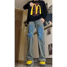 美式复古hiphop裤子男涂鸦设计感牛仔裤痞帅炸街直筒裤X9088-p48，男装牛仔裤，星座1008