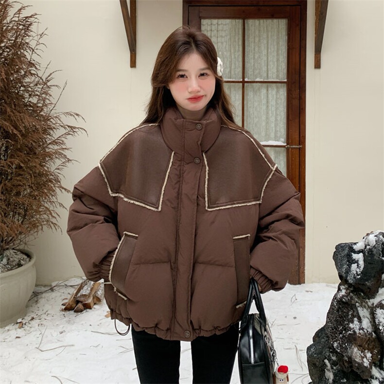 pu皮拼接羽绒服女冬季2025新款美拉德咖啡色面包服小个子流行,女装羽绒服,2D143