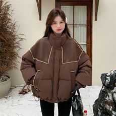 pu皮拼接羽绒服女冬季2025新款美拉德咖啡色面包服小个子流行，女装羽绒服，2D143