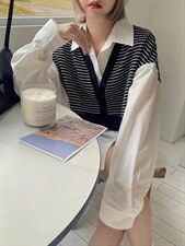 现货欧货春装新款条纹拼接衬衫，女装衬衫，AT(2F)