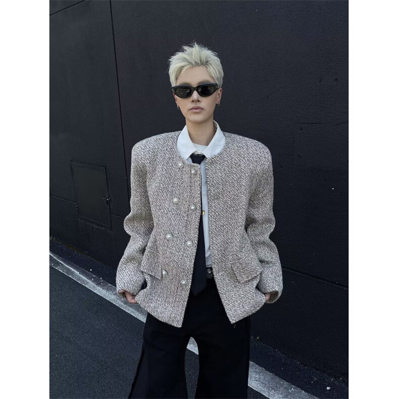 秋冬款高级感垫肩小香风双排扣西服外套轻奢时尚网红毛呢夹克上衣，男装西服，星座601-1