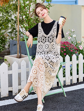 慵懒松弛感连衣裙女夏季2025新款韩版宽松遮肚显瘦蕾丝裙子两件套，女装套装/套裙，丽美静依