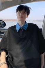 特批P32无差价夏季条纹翻领假两件短袖T恤男港风大码上衣T5069，男装T恤，电商A001-1