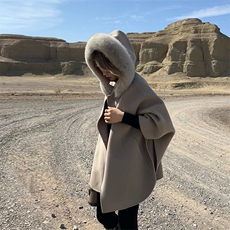 魔女斗篷！奢华狐狸毛领双面纯羊毛大衣女气质秋冬高端羊绒呢外套，女装双面呢大衣，蒙绒特