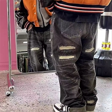 美式高街复古水洗破洞补丁牛仔裤男潮牌宽松百搭直筒长裤子阔腿裤，男装牛仔裤，星座506A