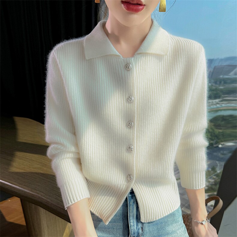 25秋冬高级感山羊绒开衫女POLO领提花针织毛衣宽松羊毛衫外套上衣，女装羊绒衫，更慕羊绒