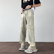 美式牛仔休闲裤男设计感ins潮高街垂感宽松直筒裤子N619-P50，男装休闲裤，星座308B-2
