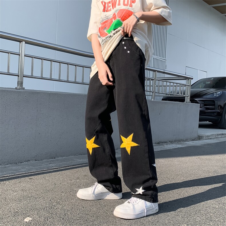 星星潮牌牛仔裤男女宽松bf风直筒裤ins休闲工装长裤N0251-P48,男装牛仔裤,星座308B-1