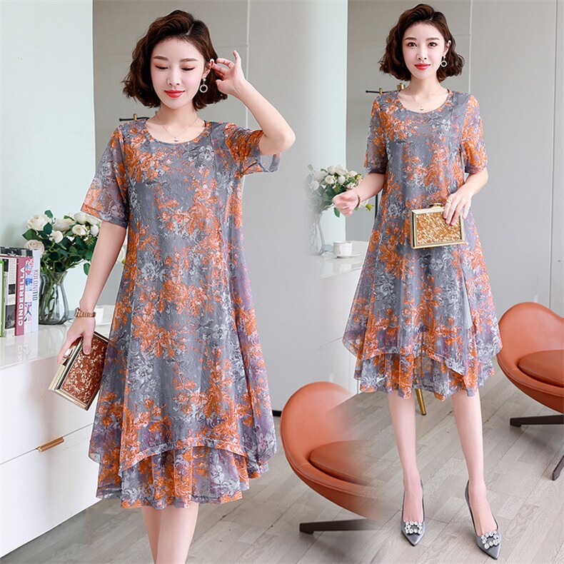 雪纺连衣裙女夏季新款宽松加大码胖MM遮肚子显瘦中年妈妈碎花裙子，女装连衣裙，缘衣格