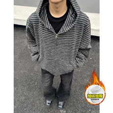 480G重磅加绒硬挺boxy男女秋冬美式高街条纹毛呢卫衣开衫厚外套，女装短外套，电商A486