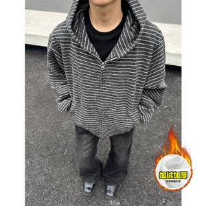 480G重磅加绒硬挺boxy 男女秋冬美式高街条纹毛呢卫衣开衫厚外套图片