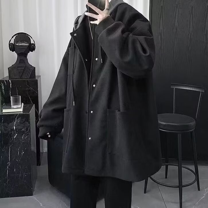 T921假两件毛呢大衣男中长款过膝呢子风衣英伦风痞帅加厚连帽外套,男装风衣,星座308A-1（原309B-1）