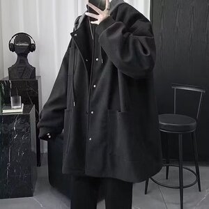 T921假两件毛呢大衣男中长款过膝呢子风衣英伦风痞帅加厚连帽外套图片