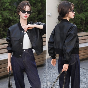 2024新款海宁皮衣女短款棒球服仿真绵羊皮夹克蝙蝠宽松拼接外套图片