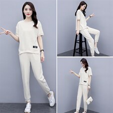 2025夏季新款简约气质减龄圆领时尚休闲舒适显瘦两件套，女装套装/套裙，凯瑟曼