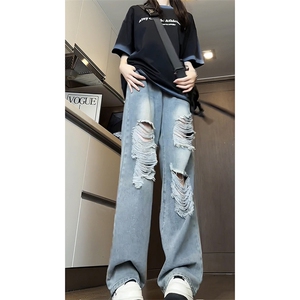 美式破洞直筒牛仔裤潮流宽松休闲hiphop高街百搭裤子K547TP45控68图片