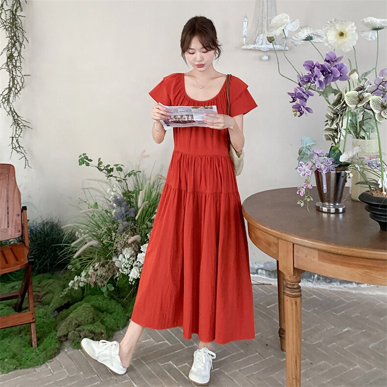红色复古褶皱抽领小飞袖连衣裙女2025夏新款高级感气质显瘦字裙,女装连衣裙,2C256