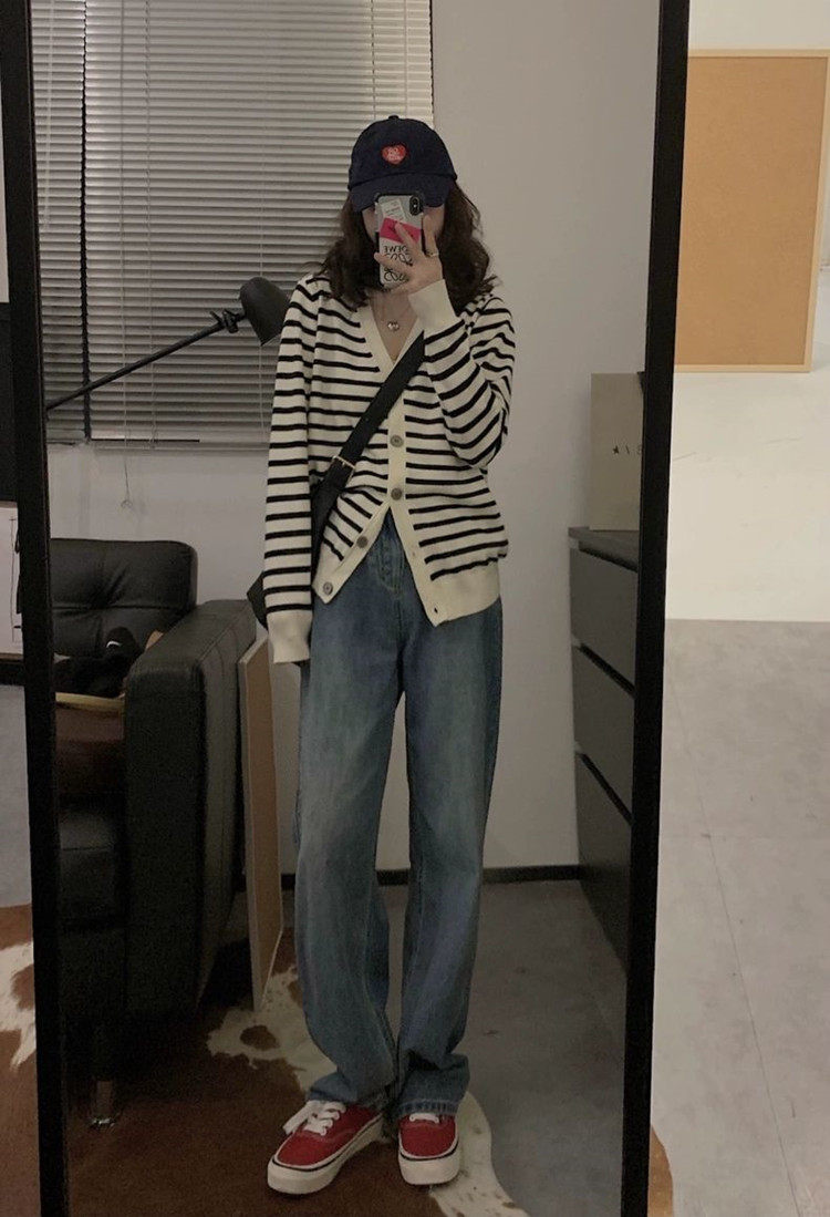 秋冬季新款舒适时尚百搭黑白条纹羊毛开衫,女装羊毛衫,莺澜羊绒