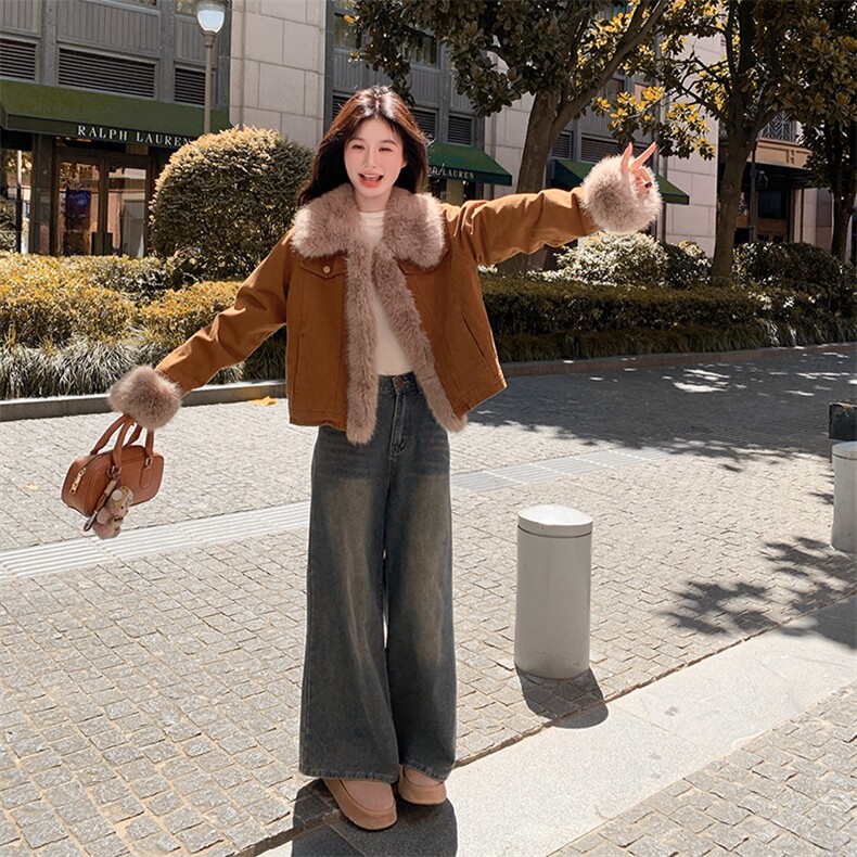 复古时髦毛毛拼接外套女2025冬新款短款加厚保暖美拉德高级感上衣,女装棉衣/棉服,2C029