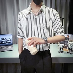 条纹短袖衬衫男夏季轻熟风痞帅正装修身薄款七分袖上衣CS617