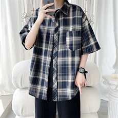 黑色格子衬衫短袖男夏季薄款美式经典vintage休闲五分袖衬衣外套，男装衬衫，电商A007