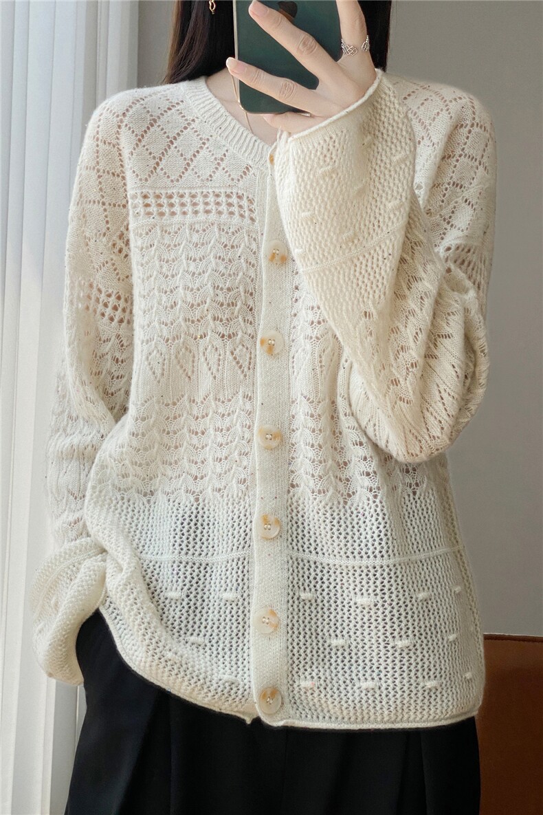 法式松弛感100纯羊毛针织镂空开衫女外套毛衣2025新慵懒外搭罩衫,针织衫/毛衣,昭美羊绒