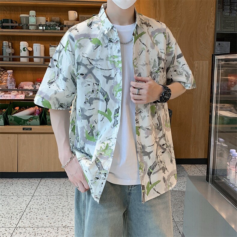 夏男士短袖衬衫纯棉透气时尚休闲冰丝印花宽松衬衣7256P45,男装衬衫,电商A056