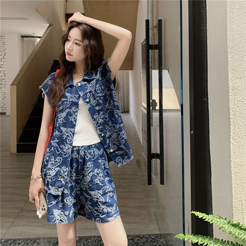 酷盐系时尚印花牛仔套装女2025夏季新款高级感马甲短裤休闲两件套,女装套装/套裙,2C283