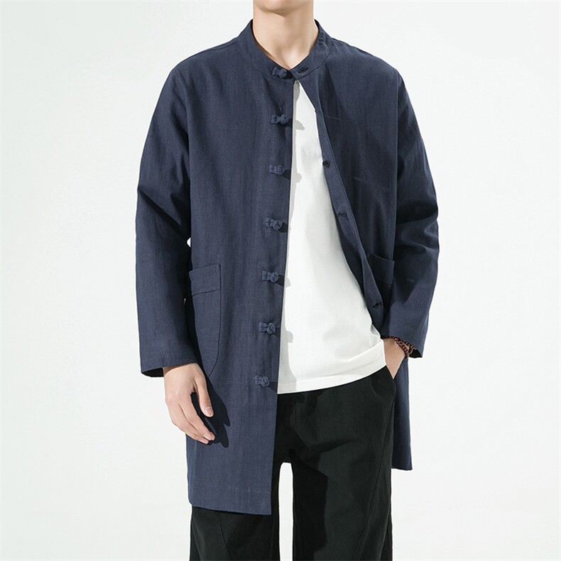 JK231^春秋季中长款男夹克盘扣复古纯色简约唐装改良汉服外套，男装夹克，钱塘777(原3023)